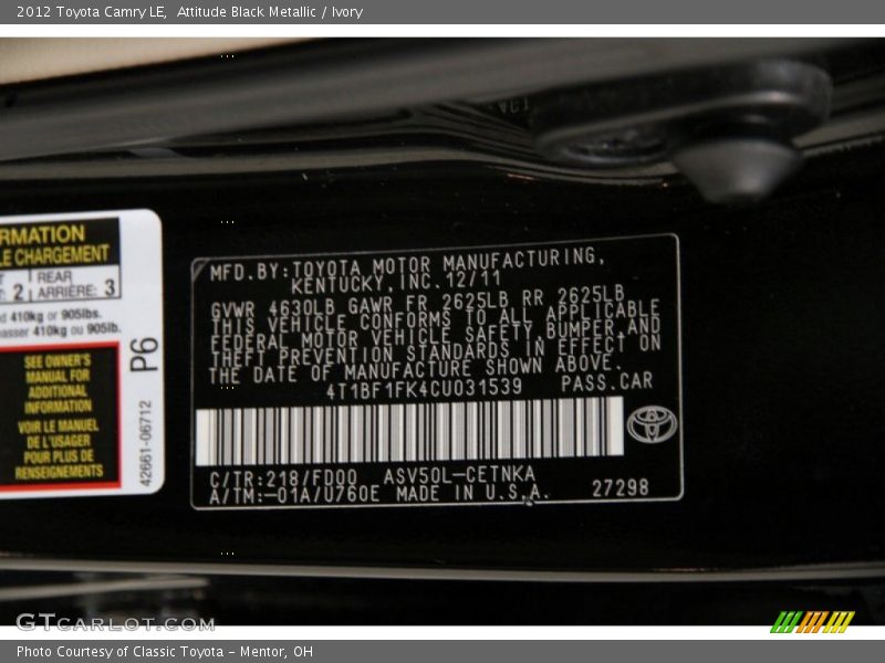 Attitude Black Metallic / Ivory 2012 Toyota Camry LE