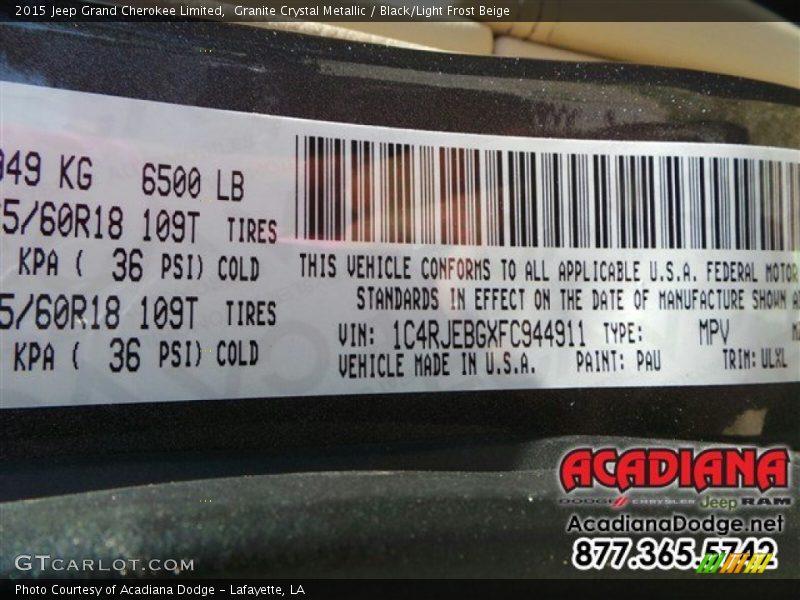 Granite Crystal Metallic / Black/Light Frost Beige 2015 Jeep Grand Cherokee Limited