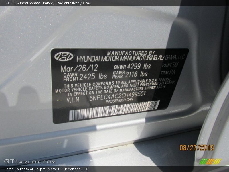 Radiant Silver / Gray 2012 Hyundai Sonata Limited