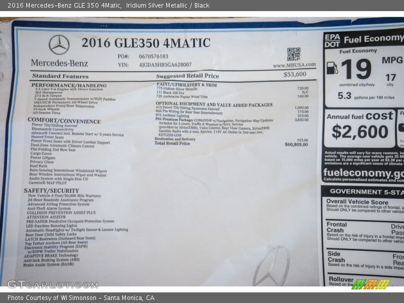  2016 GLE 350 4Matic Window Sticker