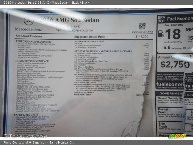  2016 S 63 AMG 4Matic Sedan Window Sticker