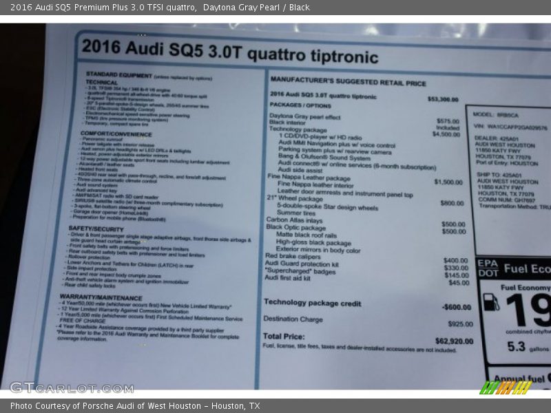 Daytona Gray Pearl / Black 2016 Audi SQ5 Premium Plus 3.0 TFSI quattro