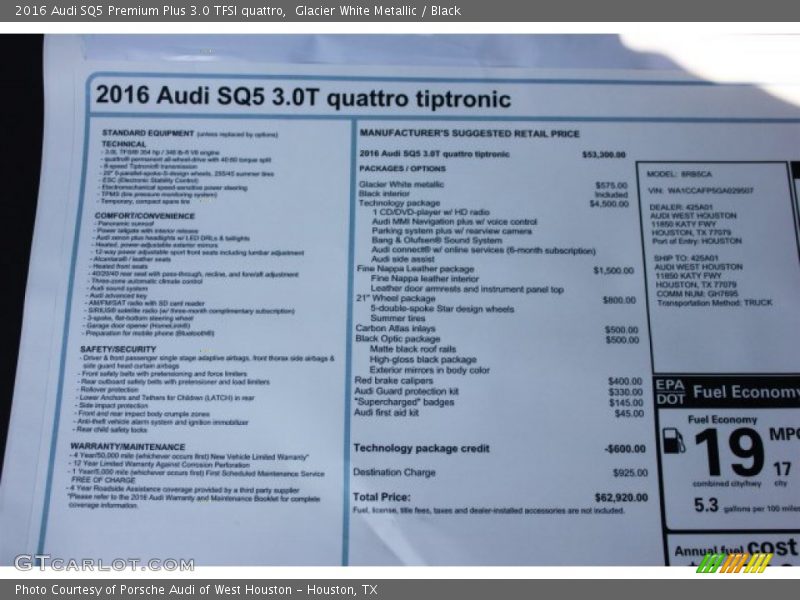Glacier White Metallic / Black 2016 Audi SQ5 Premium Plus 3.0 TFSI quattro