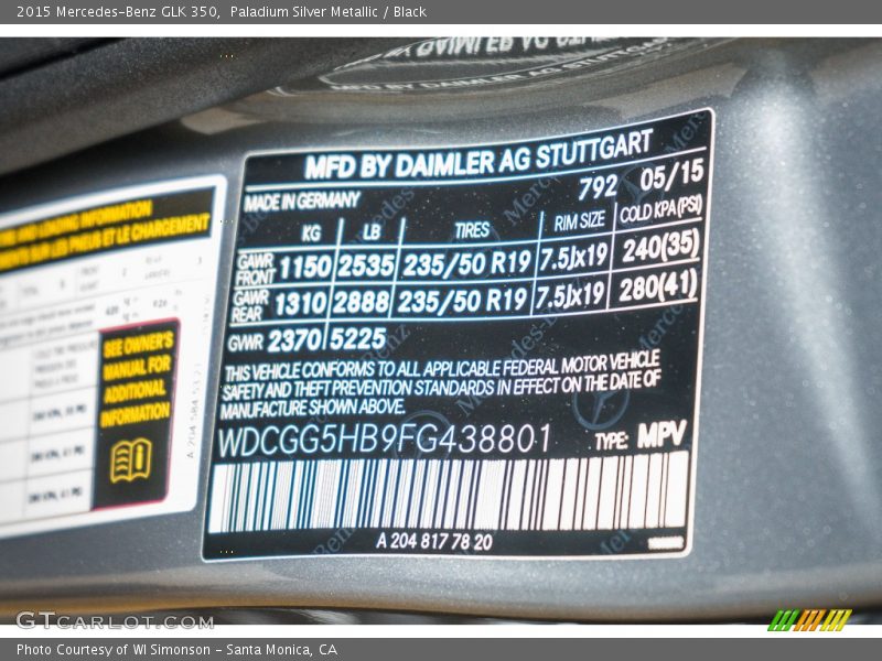 Paladium Silver Metallic / Black 2015 Mercedes-Benz GLK 350