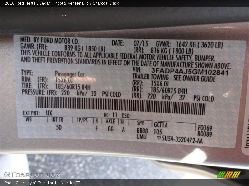 2016 Fiesta S Sedan Ingot Silver Metallic Color Code UX