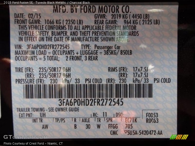 Tuxedo Black Metallic / Charcoal Black 2015 Ford Fusion SE