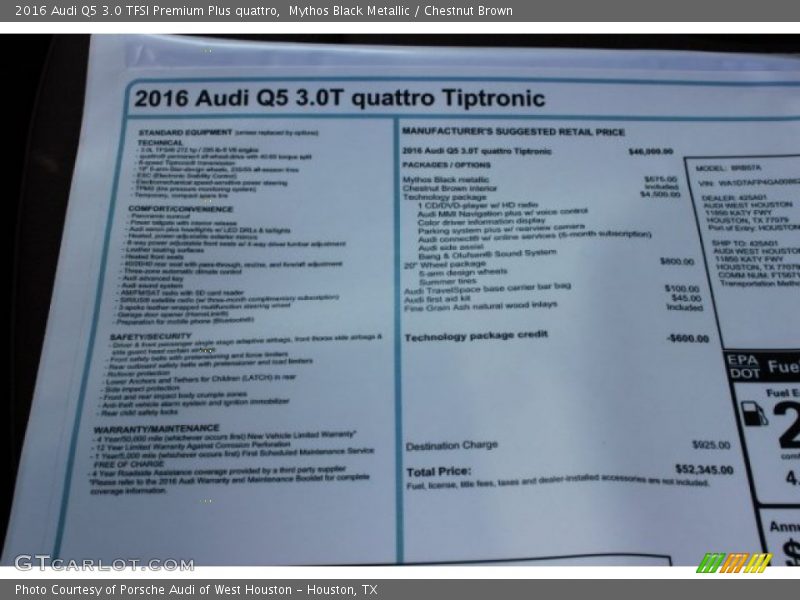  2016 Q5 3.0 TFSI Premium Plus quattro Window Sticker