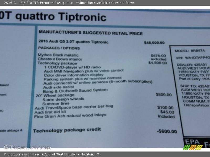  2016 Q5 3.0 TFSI Premium Plus quattro Window Sticker