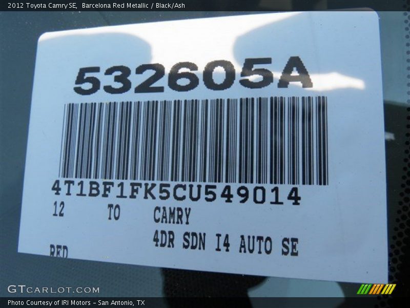 Barcelona Red Metallic / Black/Ash 2012 Toyota Camry SE