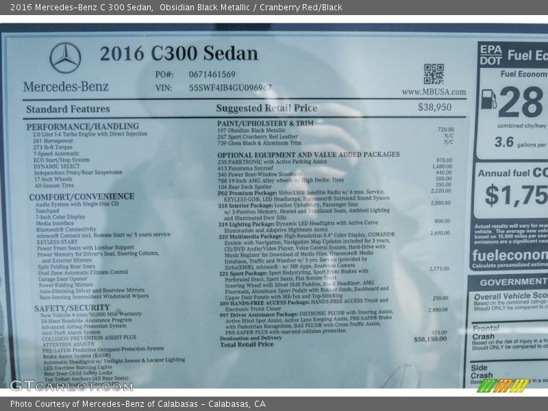  2016 C 300 Sedan Window Sticker