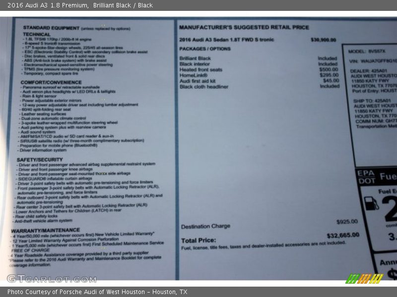 Brilliant Black / Black 2016 Audi A3 1.8 Premium