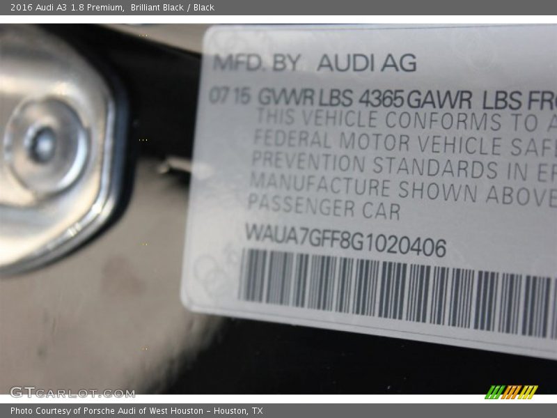 Brilliant Black / Black 2016 Audi A3 1.8 Premium