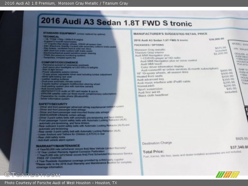 Monsoon Gray Metallic / Titanium Gray 2016 Audi A3 1.8 Premium