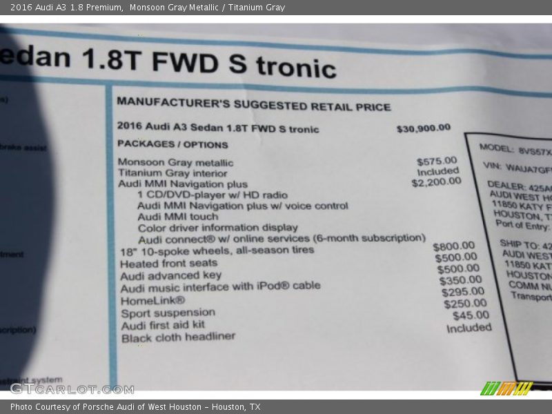 Monsoon Gray Metallic / Titanium Gray 2016 Audi A3 1.8 Premium