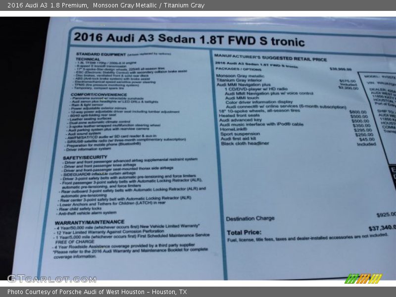  2016 A3 1.8 Premium Window Sticker