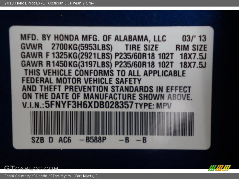 Obsidian Blue Pearl / Gray 2013 Honda Pilot EX-L