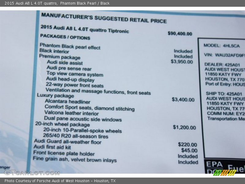 Phantom Black Pearl / Black 2015 Audi A8 L 4.0T quattro