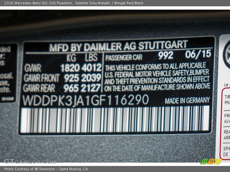 2016 SLK 300 Roadster Selenite Grey Metallic Color Code 992