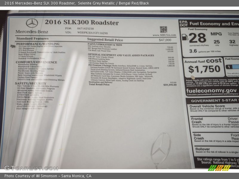  2016 SLK 300 Roadster Window Sticker