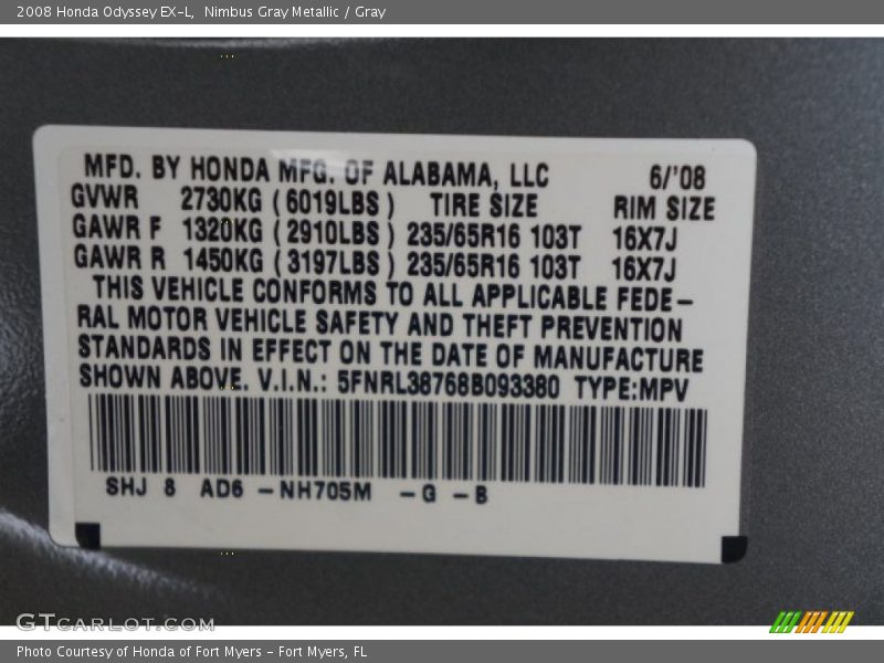 Nimbus Gray Metallic / Gray 2008 Honda Odyssey EX-L