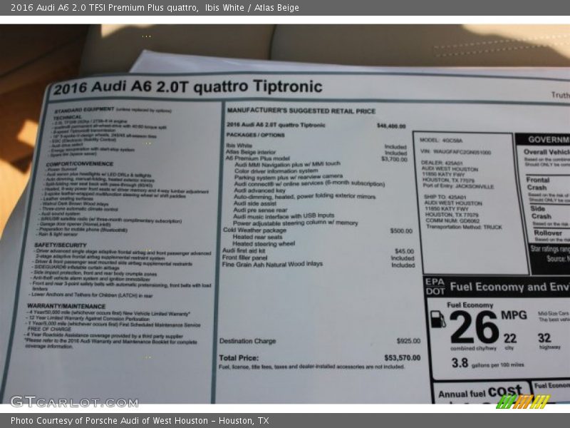 Ibis White / Atlas Beige 2016 Audi A6 2.0 TFSI Premium Plus quattro