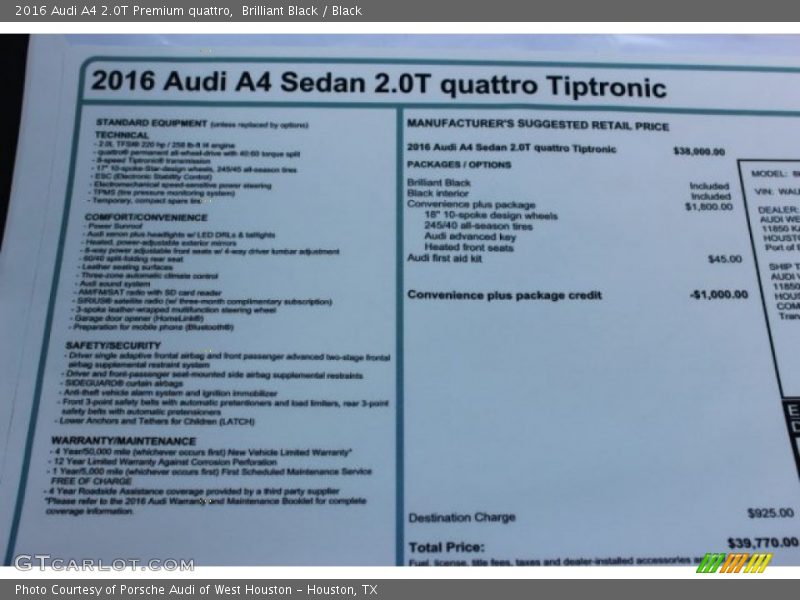  2016 A4 2.0T Premium quattro Window Sticker