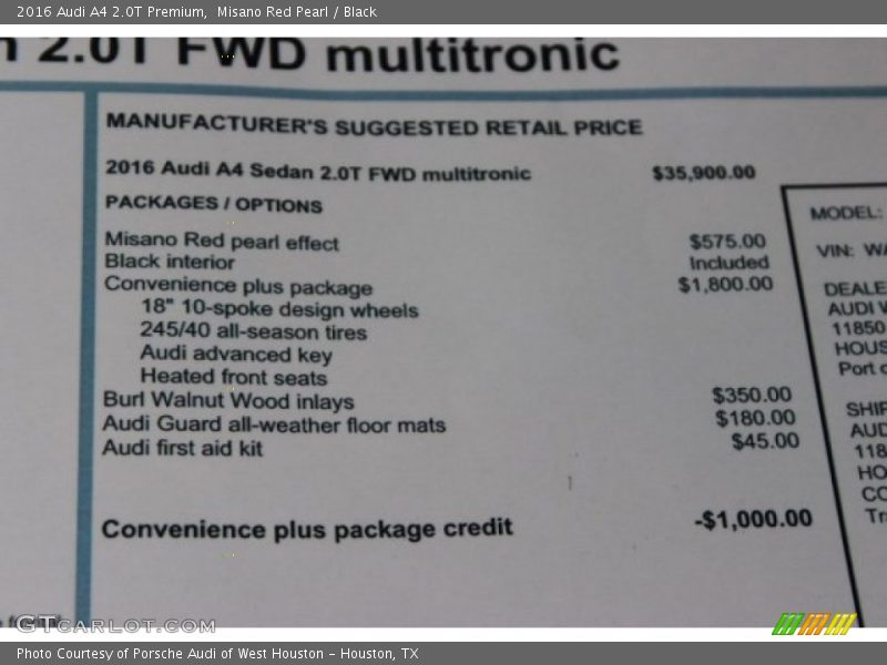 Misano Red Pearl / Black 2016 Audi A4 2.0T Premium