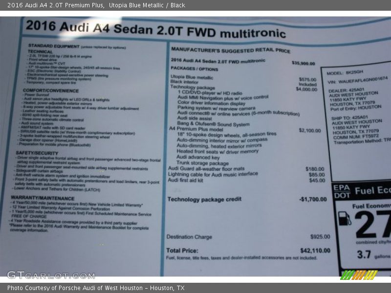  2016 A4 2.0T Premium Plus Window Sticker