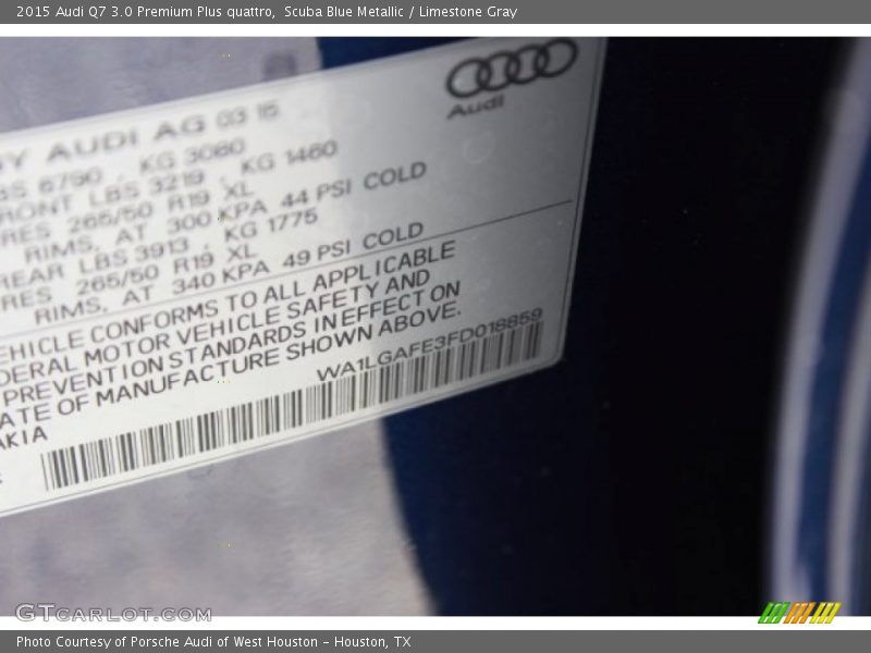 Scuba Blue Metallic / Limestone Gray 2015 Audi Q7 3.0 Premium Plus quattro