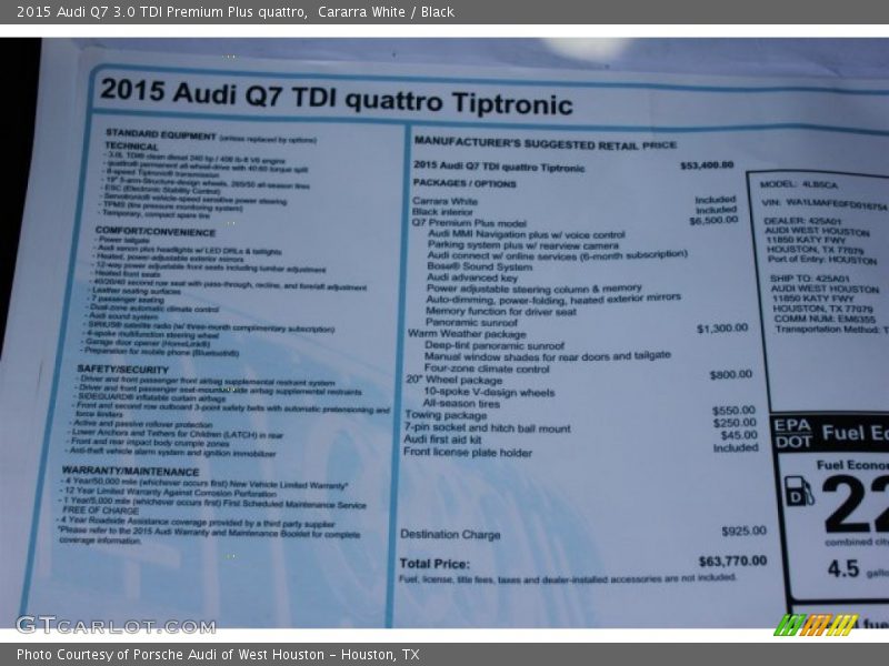 Cararra White / Black 2015 Audi Q7 3.0 TDI Premium Plus quattro