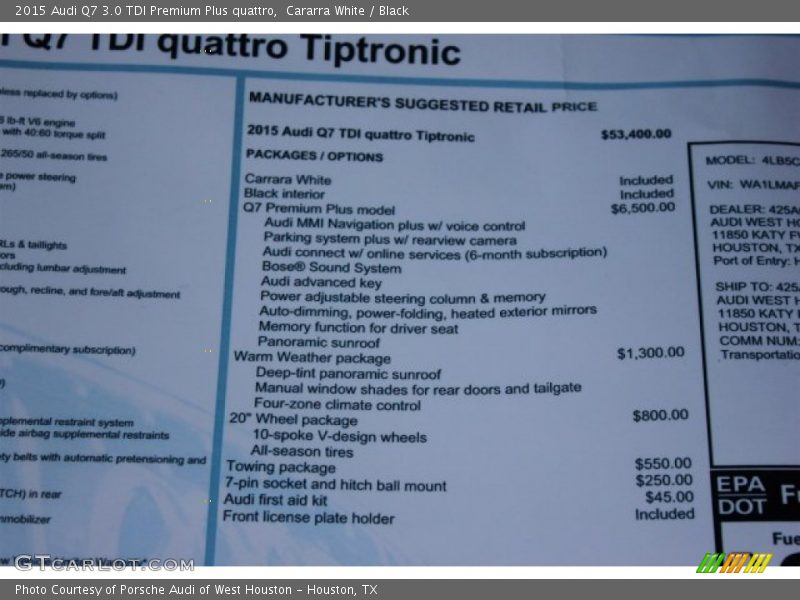 Cararra White / Black 2015 Audi Q7 3.0 TDI Premium Plus quattro