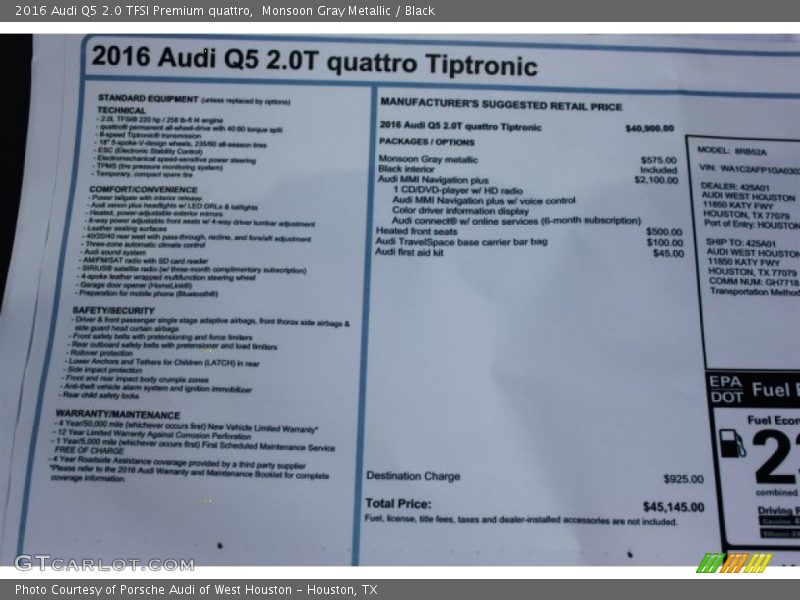  2016 Q5 2.0 TFSI Premium quattro Window Sticker