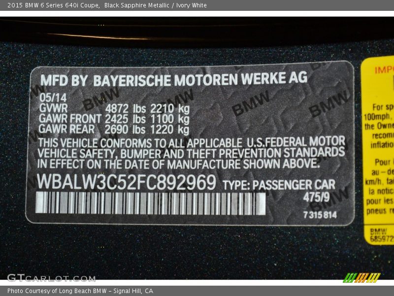 2015 6 Series 640i Coupe Black Sapphire Metallic Color Code 475