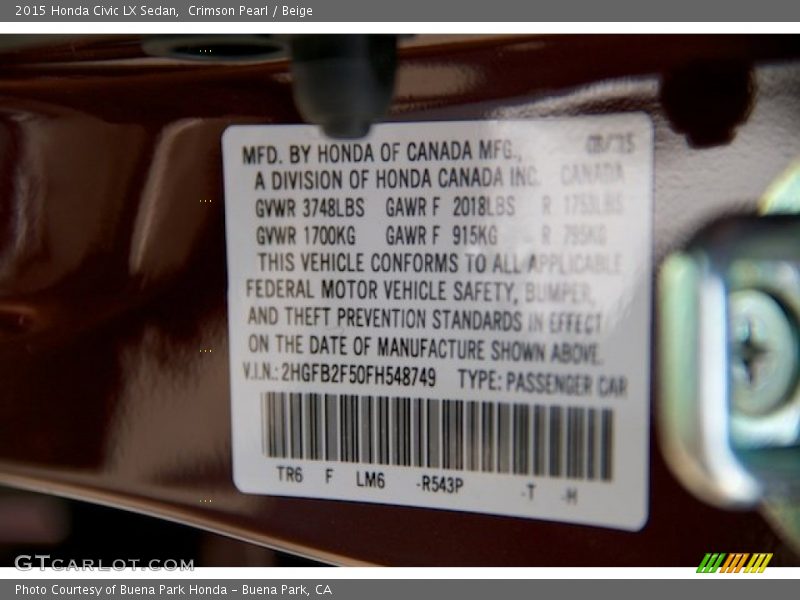 Crimson Pearl / Beige 2015 Honda Civic LX Sedan