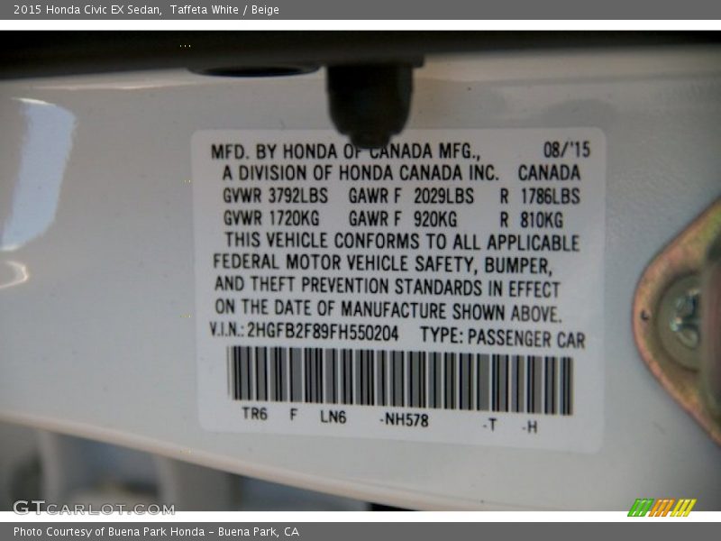 Taffeta White / Beige 2015 Honda Civic EX Sedan