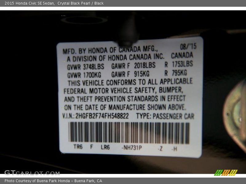 Crystal Black Pearl / Black 2015 Honda Civic SE Sedan