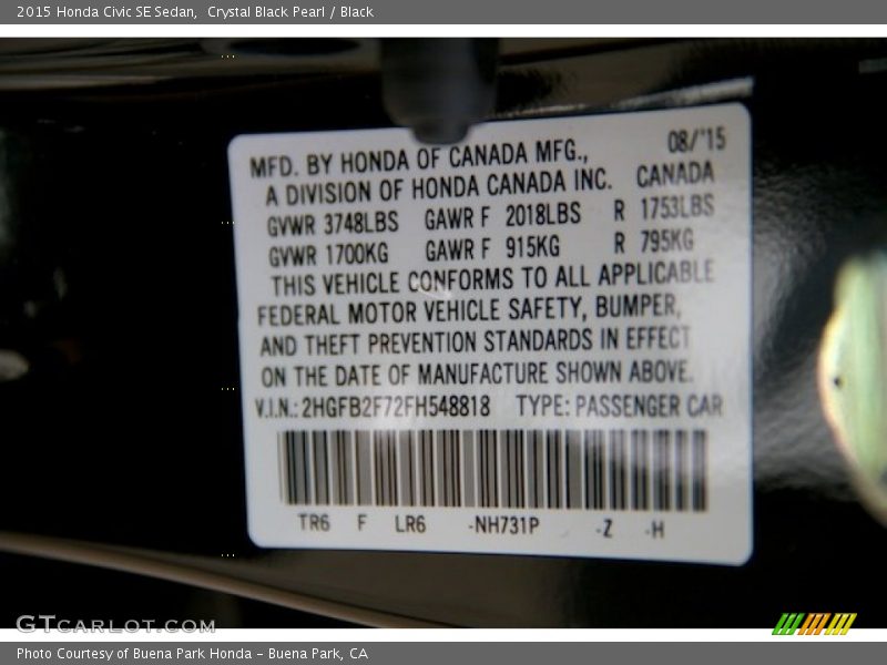 Crystal Black Pearl / Black 2015 Honda Civic SE Sedan