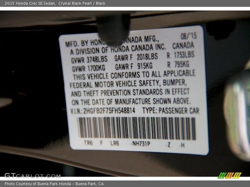 Crystal Black Pearl / Black 2015 Honda Civic SE Sedan