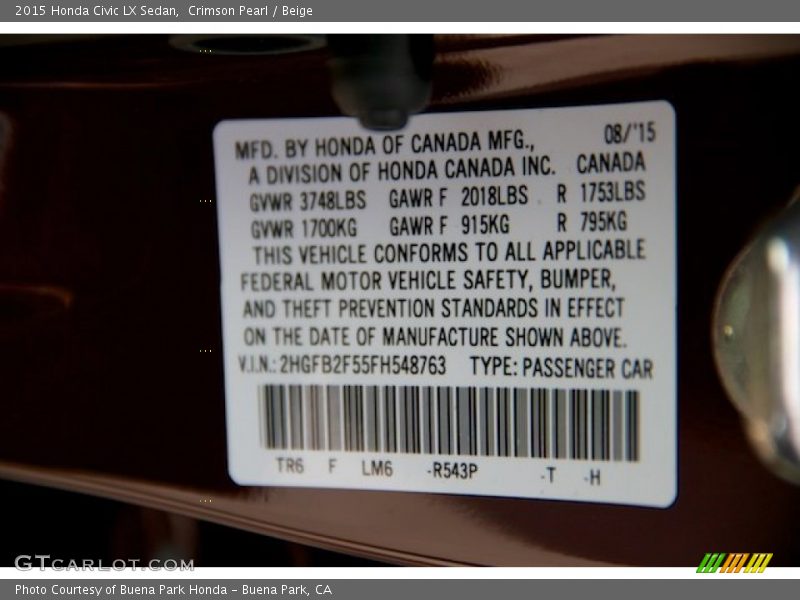 Crimson Pearl / Beige 2015 Honda Civic LX Sedan
