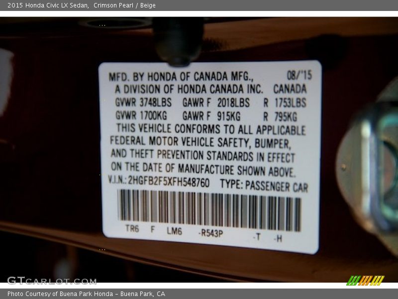 Crimson Pearl / Beige 2015 Honda Civic LX Sedan