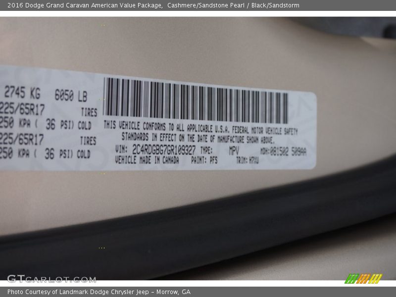 2016 Grand Caravan American Value Package Cashmere/Sandstone Pearl Color Code PFS