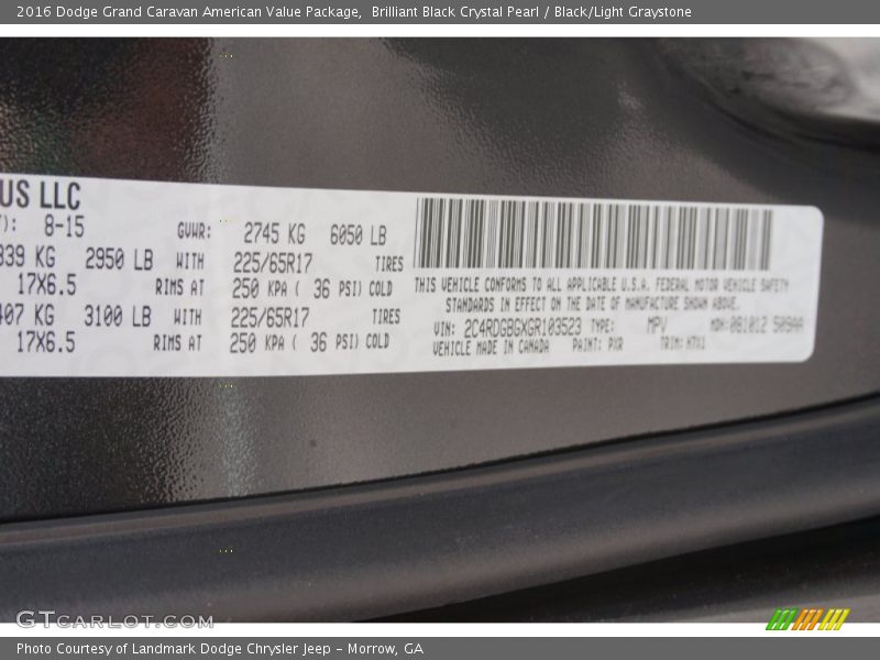 2016 Grand Caravan American Value Package Brilliant Black Crystal Pearl Color Code PXR