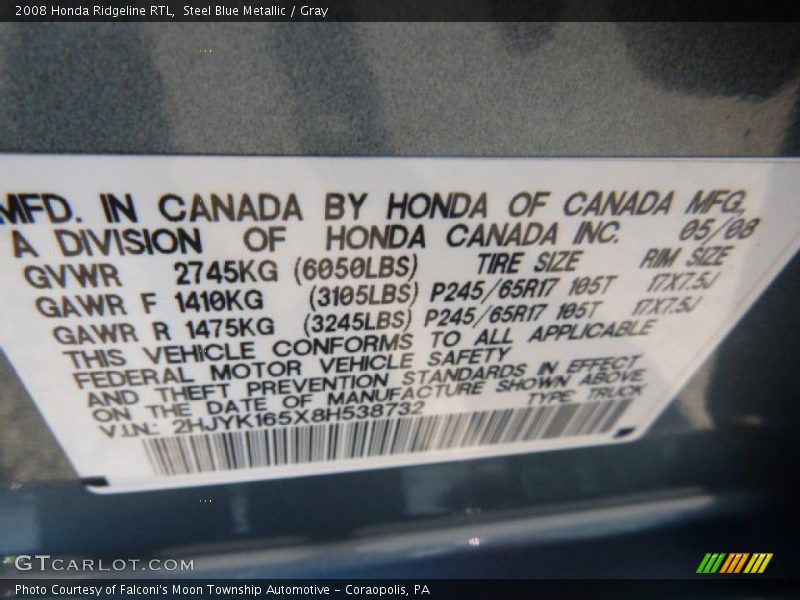 Steel Blue Metallic / Gray 2008 Honda Ridgeline RTL