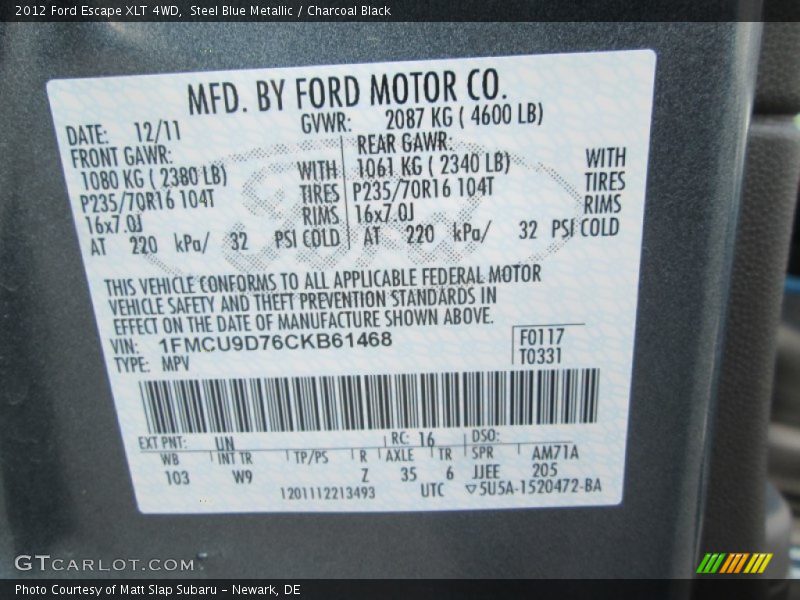 Steel Blue Metallic / Charcoal Black 2012 Ford Escape XLT 4WD