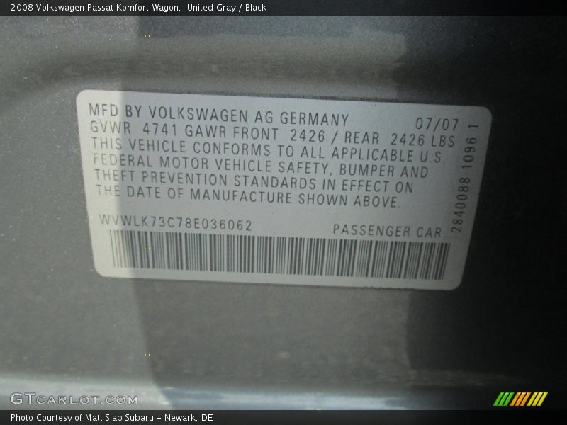 United Gray / Black 2008 Volkswagen Passat Komfort Wagon
