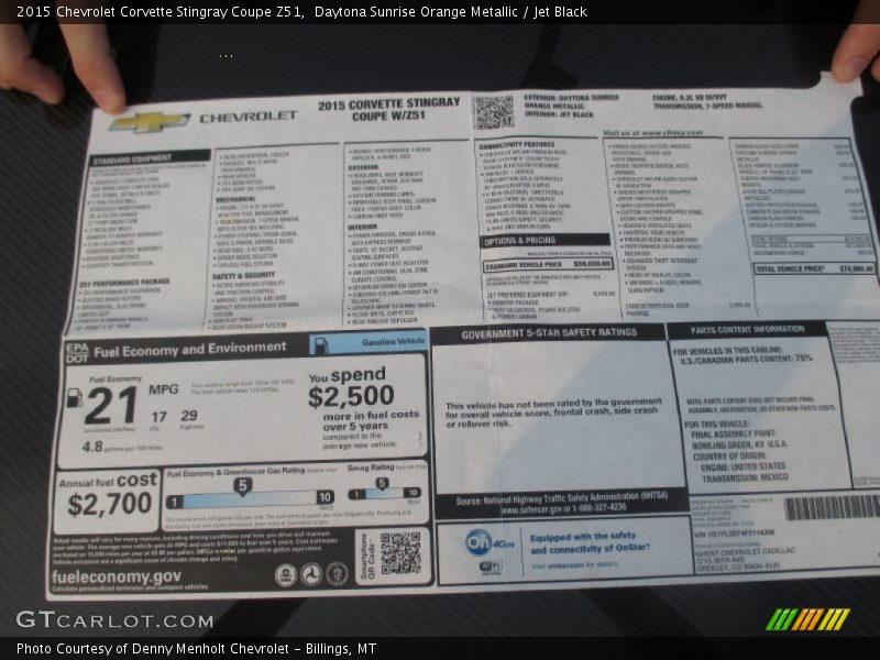  2015 Corvette Stingray Coupe Z51 Window Sticker