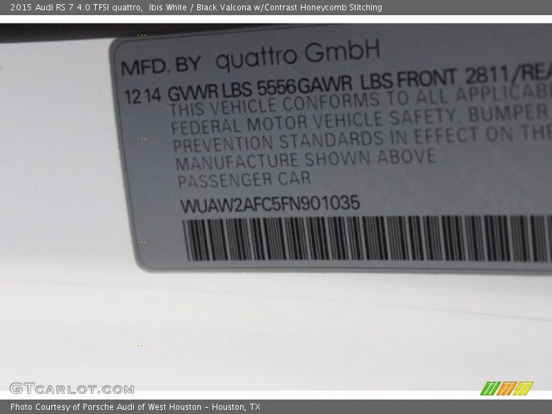 Ibis White / Black Valcona w/Contrast Honeycomb Stitching 2015 Audi RS 7 4.0 TFSI quattro