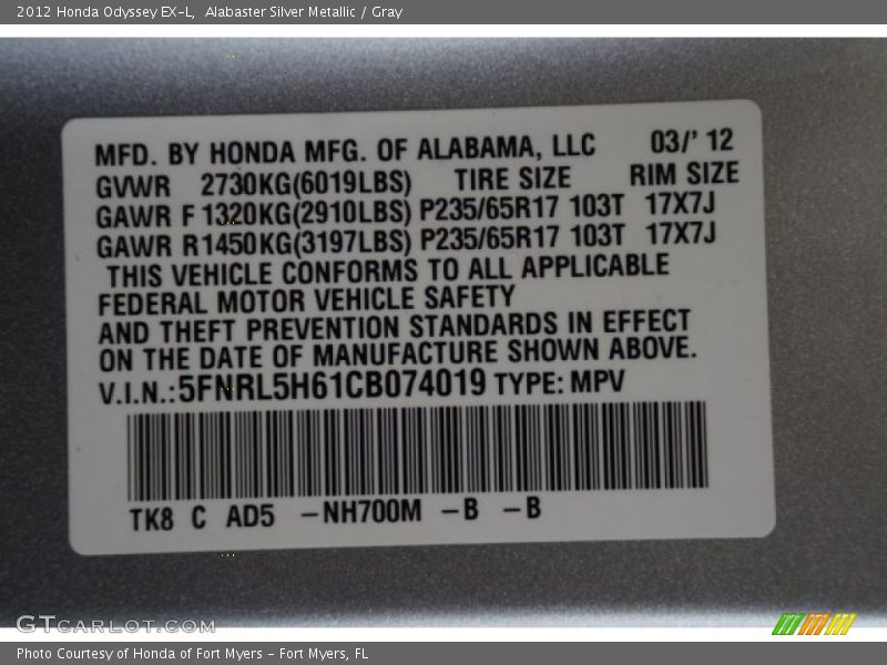 Alabaster Silver Metallic / Gray 2012 Honda Odyssey EX-L