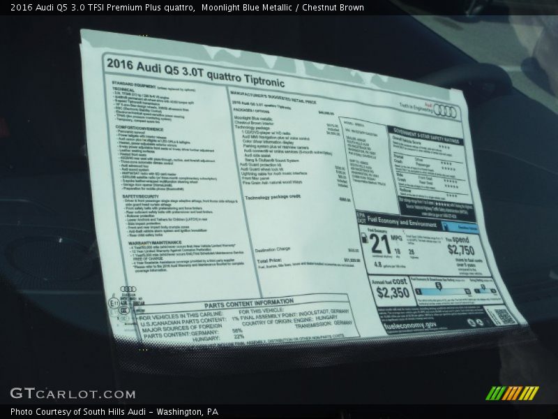 Moonlight Blue Metallic / Chestnut Brown 2016 Audi Q5 3.0 TFSI Premium Plus quattro