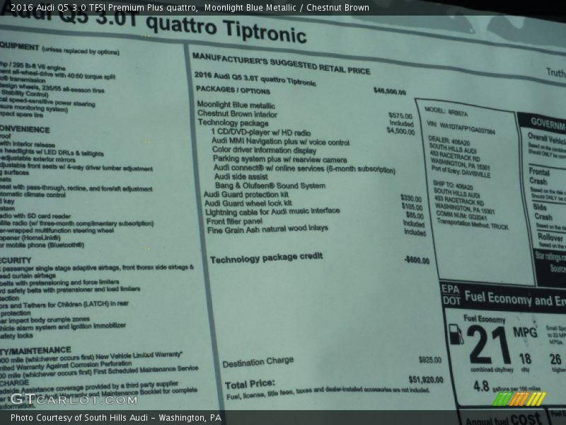 Moonlight Blue Metallic / Chestnut Brown 2016 Audi Q5 3.0 TFSI Premium Plus quattro